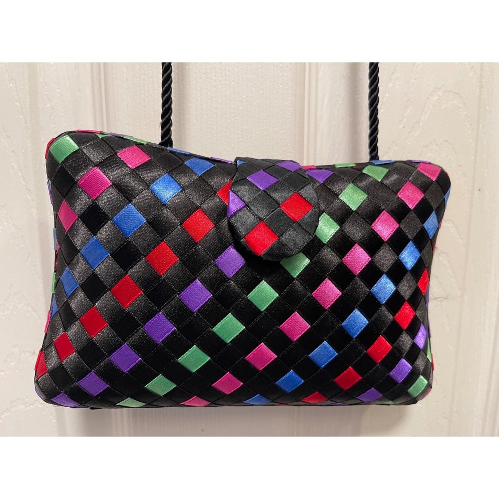 Vintage Woven Ribbon Rainbow Evening Bag Black Satin Multi Color Clutch Purse